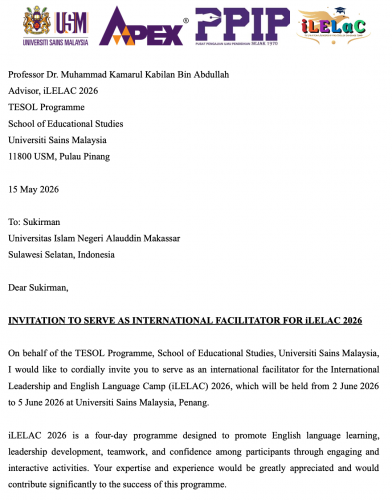 Dosen Program Magister Pendidikan Bahasa Inggris Pascasarjana UIN Alauddin Makassar Terpilih sebagai Fasilitator Internasional iLELAC 2026 di Universiti Sains Malaysia